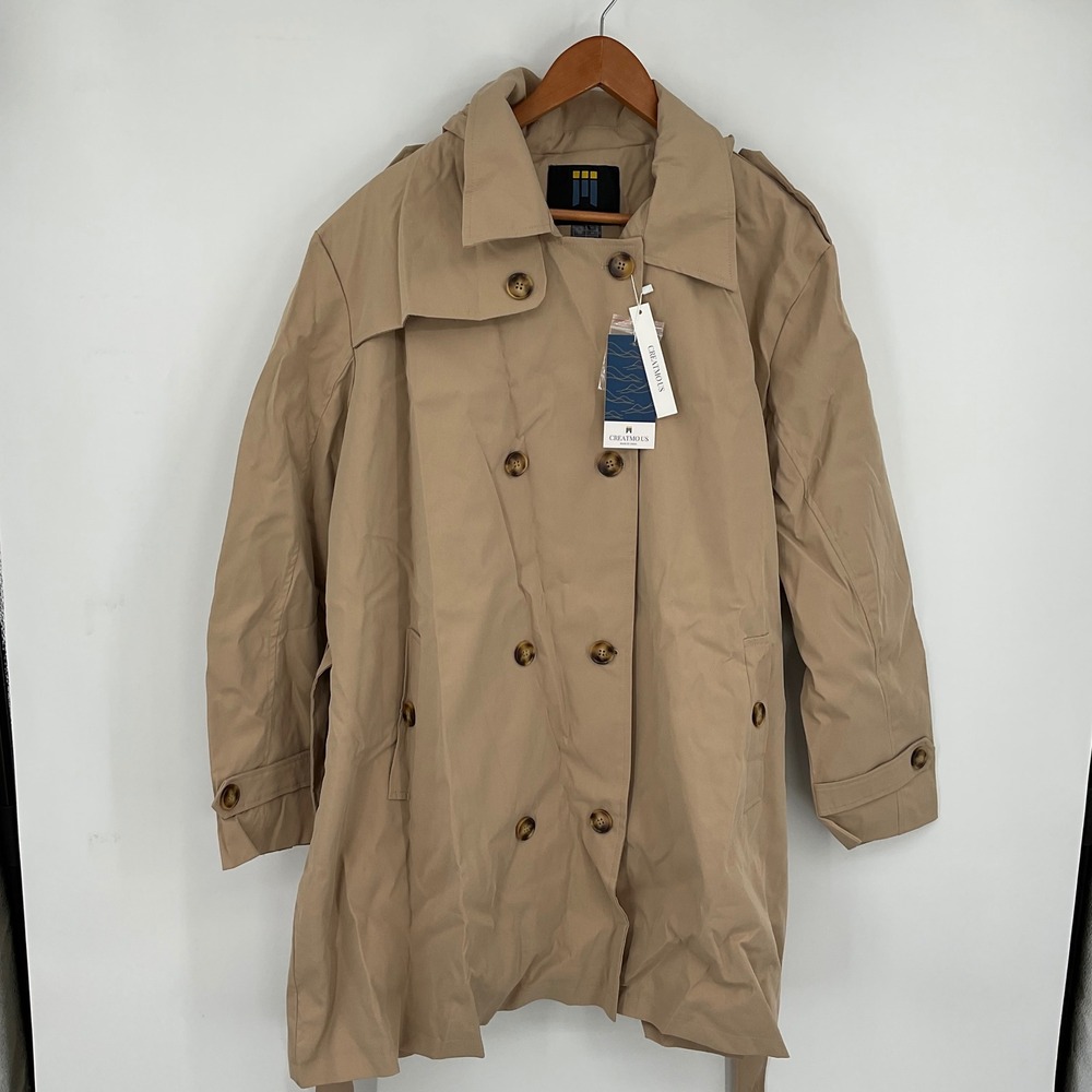 CREATMOUS‎ Womens 5X 5XL Beige Hooded Trench Coat Belted Double Breasted
